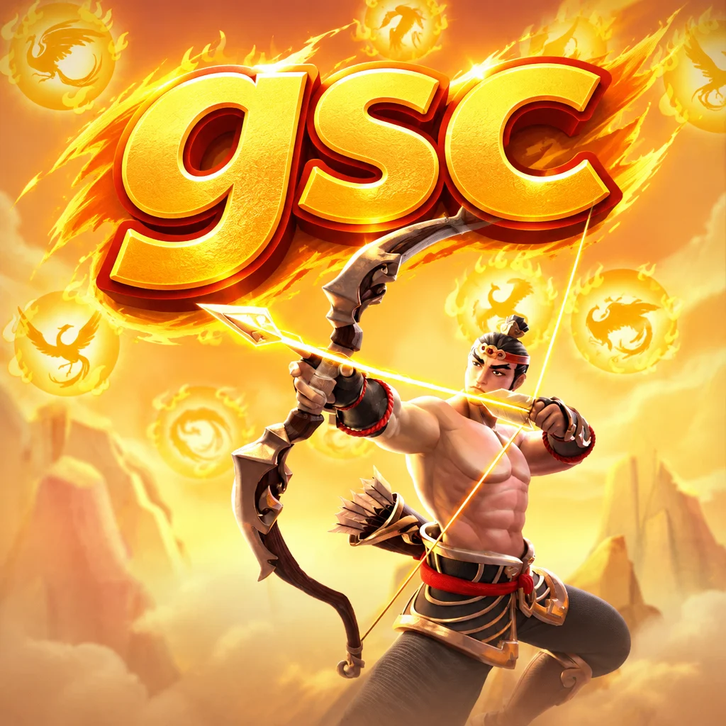 Pemanah legendaris Hou Yi menarik busur panah bercahaya di depan matahari berapi dan logo gsc
