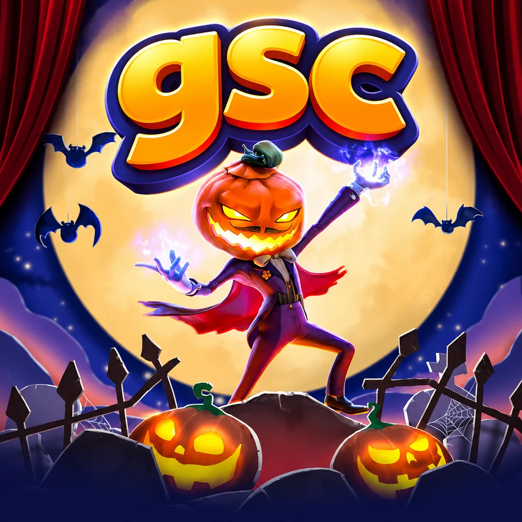 Karakter labu Halloween Mr Hallow-Win berpenampilan seram di tengah suasana malam berlogo gsc
