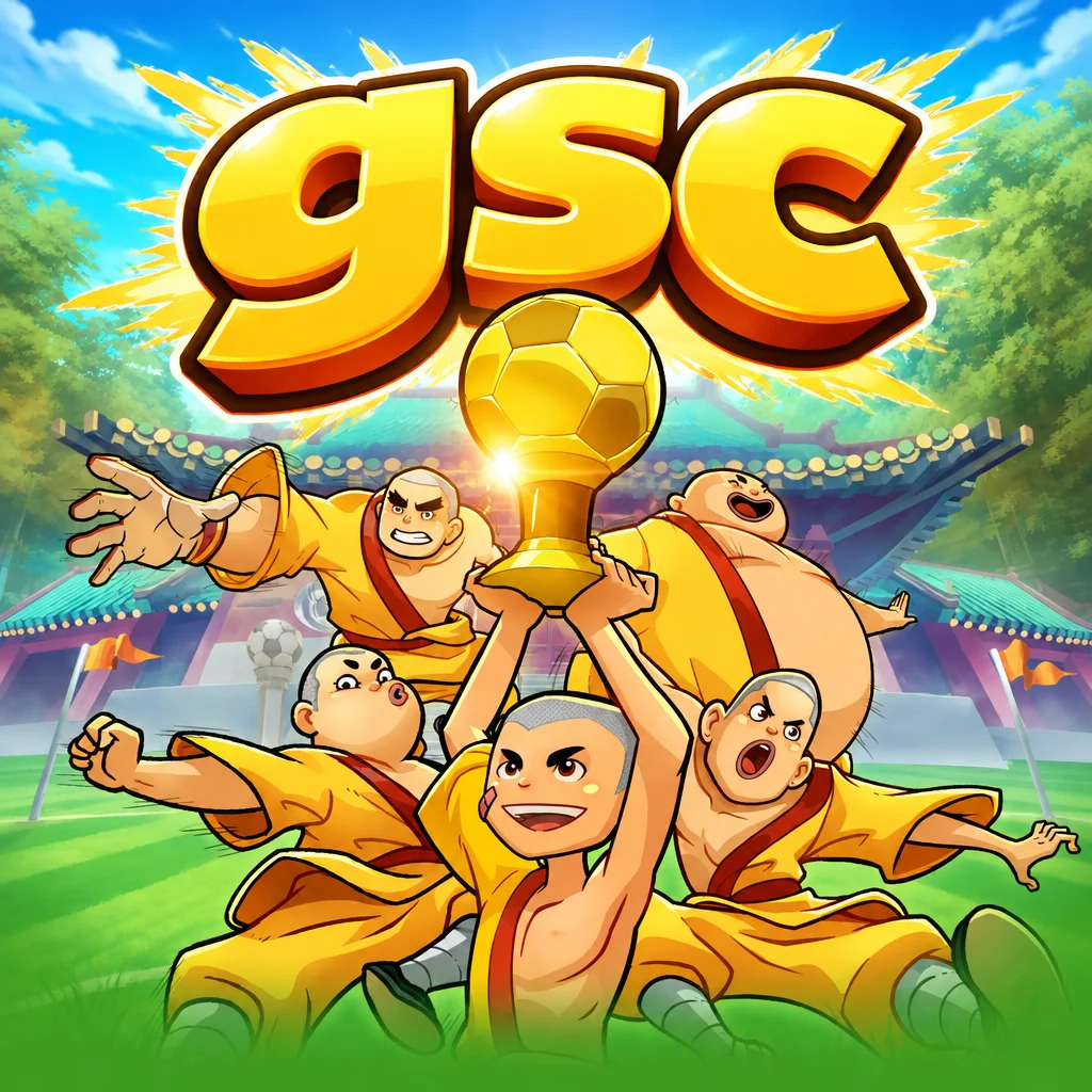Para biksu Shaolin merayakan kemenangan dengan trofi bola emas berlatar kuil di bawah logo gsc